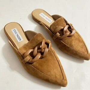 Steve Madden Fleur Suede Chain Mules Loafers Pointed Toe in Camel Brown Sz 8